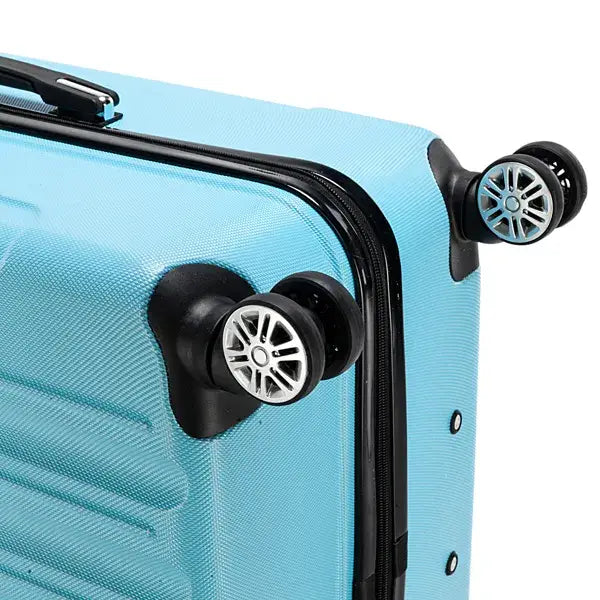 Light blue textured hard-shell suitcase with black trim and dual spinner wheels from the 3-in-1 rolling hardshell suitcase set.