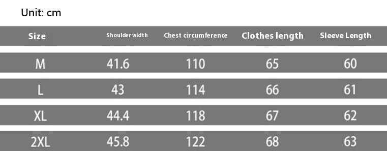 Size chart in centimeters for women quilted hooded winter puffer coat showing shoulder width chest circumference clothes length and sleeve length across sizes M through 2XL.