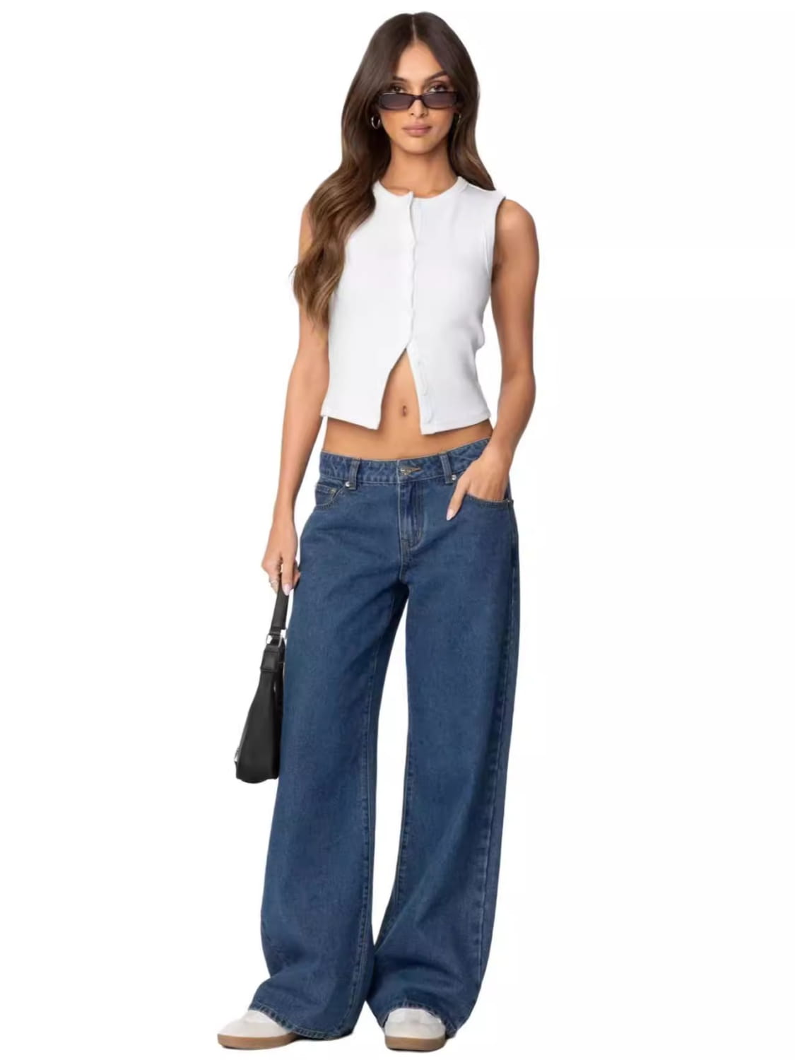 A pair of high waist wide leg blue denim jeans featuring a classic five-pocket design and straight-cut legs.