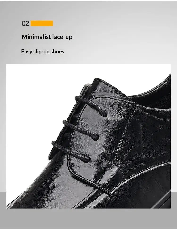 Men’s trendy chunky leather elevating casual shoe in black patent leather with lace-up design and rubber sole.