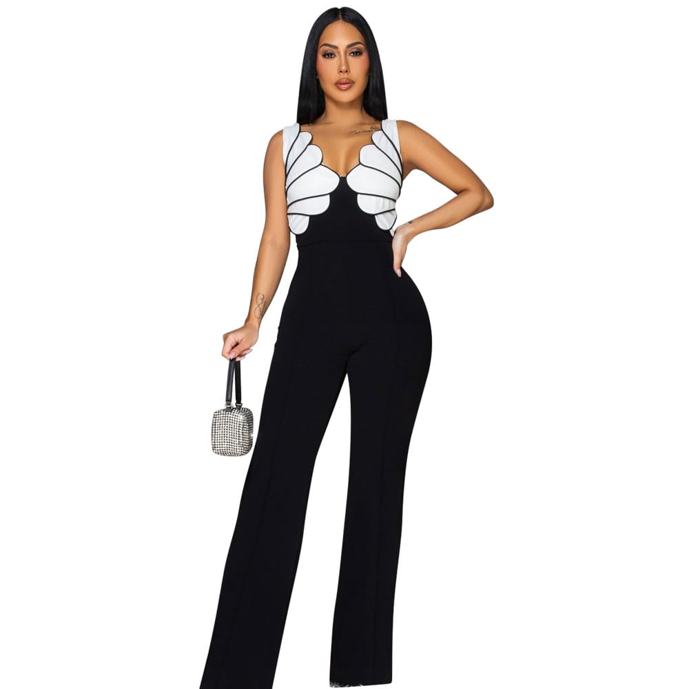 black slim fit jumpsuit featuring white wing-like embellishments on the bodice designed for a striking butterfly wing effect