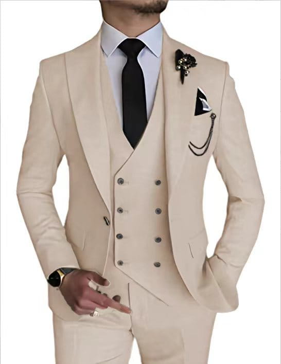 Beige slim fit men three piece suit featuring a double breasted vest and matching trousers.