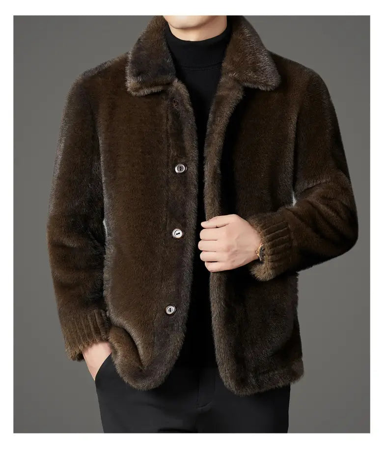 A rich brown faux fur winter coat for men with a plush collar, ribbed cuffs, and silver toned buttons.
