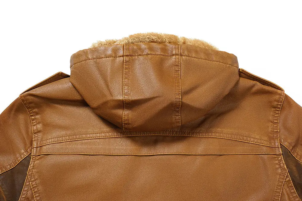 Chaqueta de invierno de forro polar de PU para hombre con capucha, de cuero sintético marrón, con interior acolchado forrado con pelo marrón claro, diseñada para clima frío.