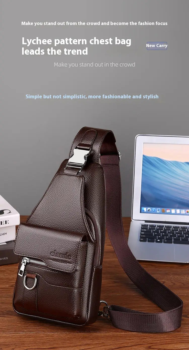 men’s retro waterproof faux leather crossbody chest bag in brown featuring a lychee pattern and silver-toned hardware.