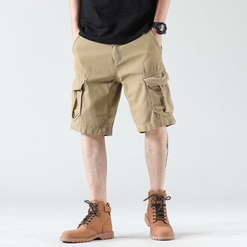 Men’s relaxed fit khaki cargo shorts with multiple pockets designed for casual wear.