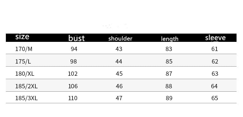 Size chart for a mens slim wool trench coat korean style showing bust shoulder length and sleeve measurements in centimeters for various sizes.