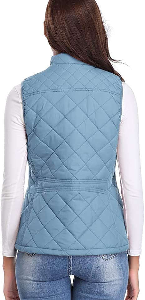 Chaleco acolchado de algodón para mujer azul claro con cuello alto de patrón rombos y cintura ceñida.
