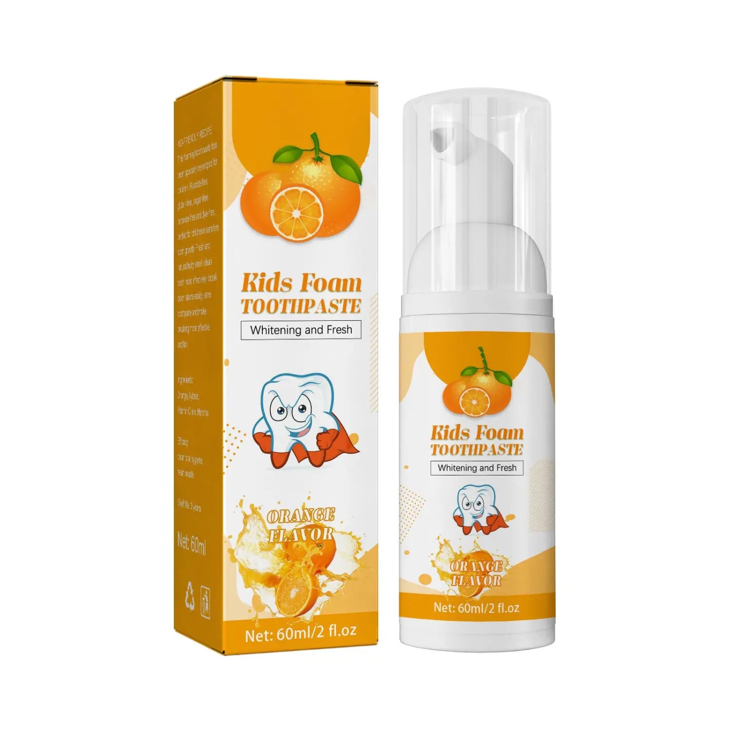 Orange-flavored kids foam toothpaste in a white and orange pump bottle with matching box featuring cartoon teeth for cavity protection and blueberry flavor 60ml.