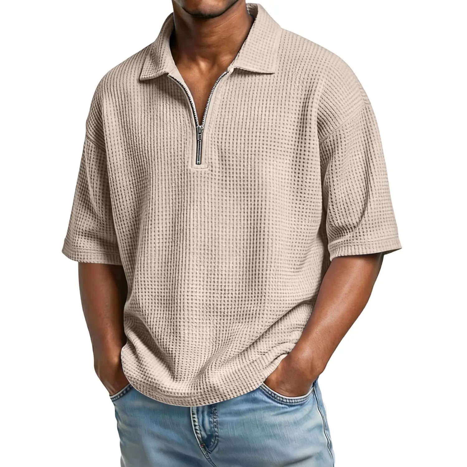 Beige waffle knit half zip short sleeve polo shirt for men featuring a textured fabric and a front zipper closure.