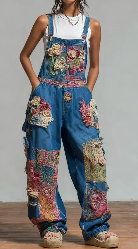 ピンク、赤、ベージュの色合いで彩り豊かな刺繍フローラルパッチをあしらった、ボヘミアンスタイルのブルーデニムオーバーオール。