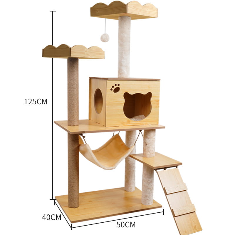 Light wood wooden cat tree scratching post and condo with a playful multi-level design, sisal rope-wrapped scratching posts, and a cozy hammock suspended between platforms.