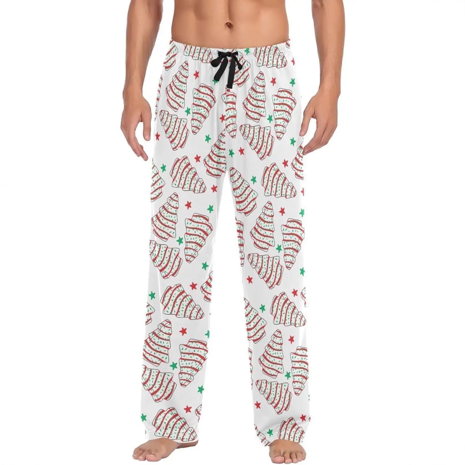 Men’s lightweight white pajama pants with a playful pattern of red and green striped croissants and small stars featuring a black drawstring waistband.