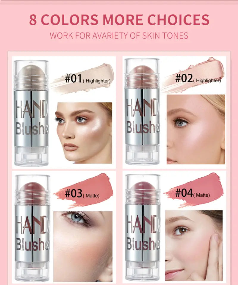 silver-tipped clear cylindrical cream blush stick with hand blush branding in black lettering designed for long lasting face highlighting available in eight colors