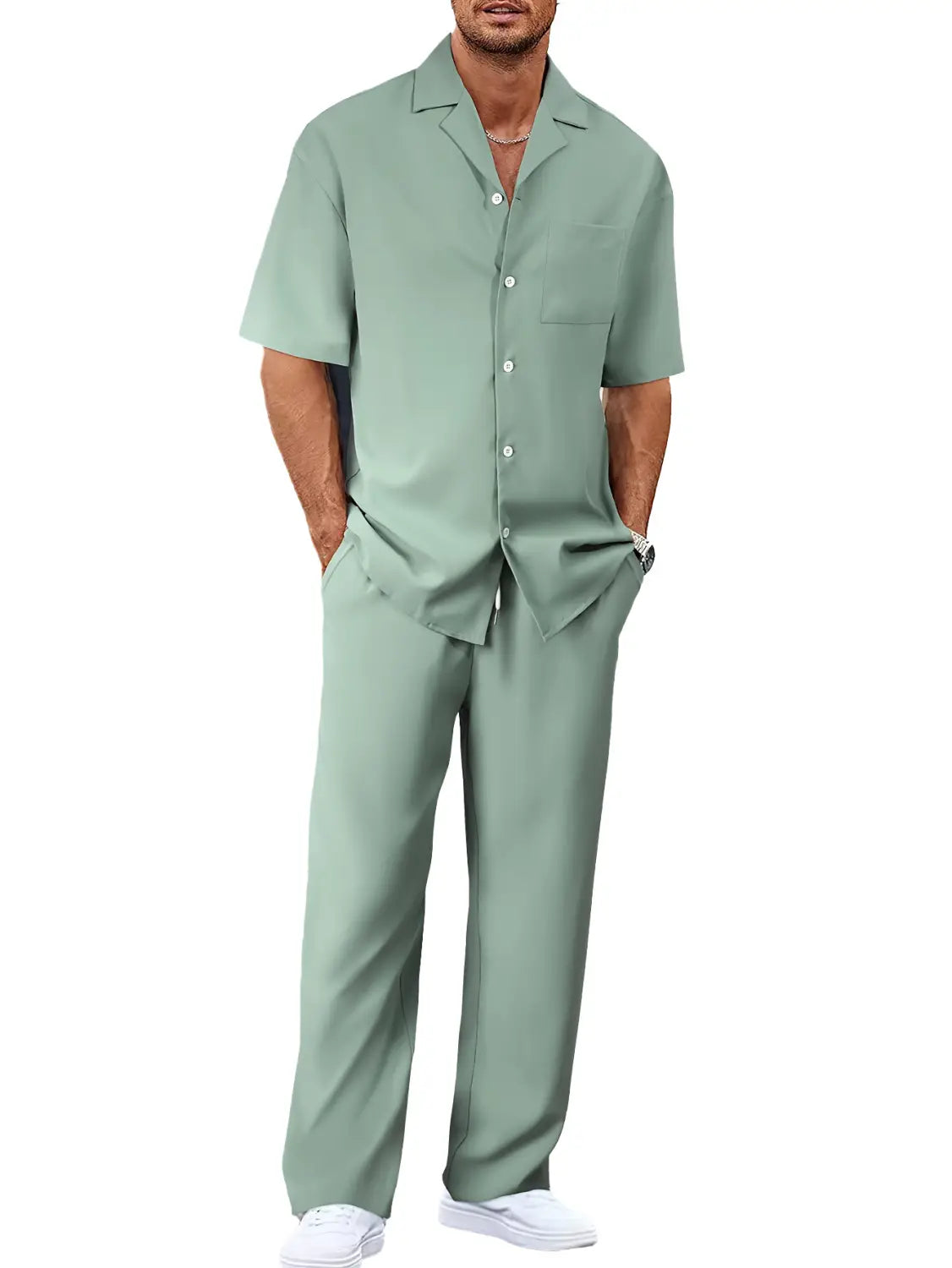 men short sleeve casual suit set featuring a sage green short-sleeved button-up shirt and matching pants made from lightweight breathable fabric ideal for casual wear