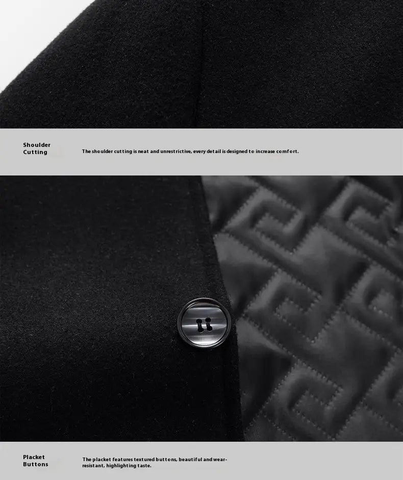 men woolen overcoat with black quilted placket and silver-toned textured button detail