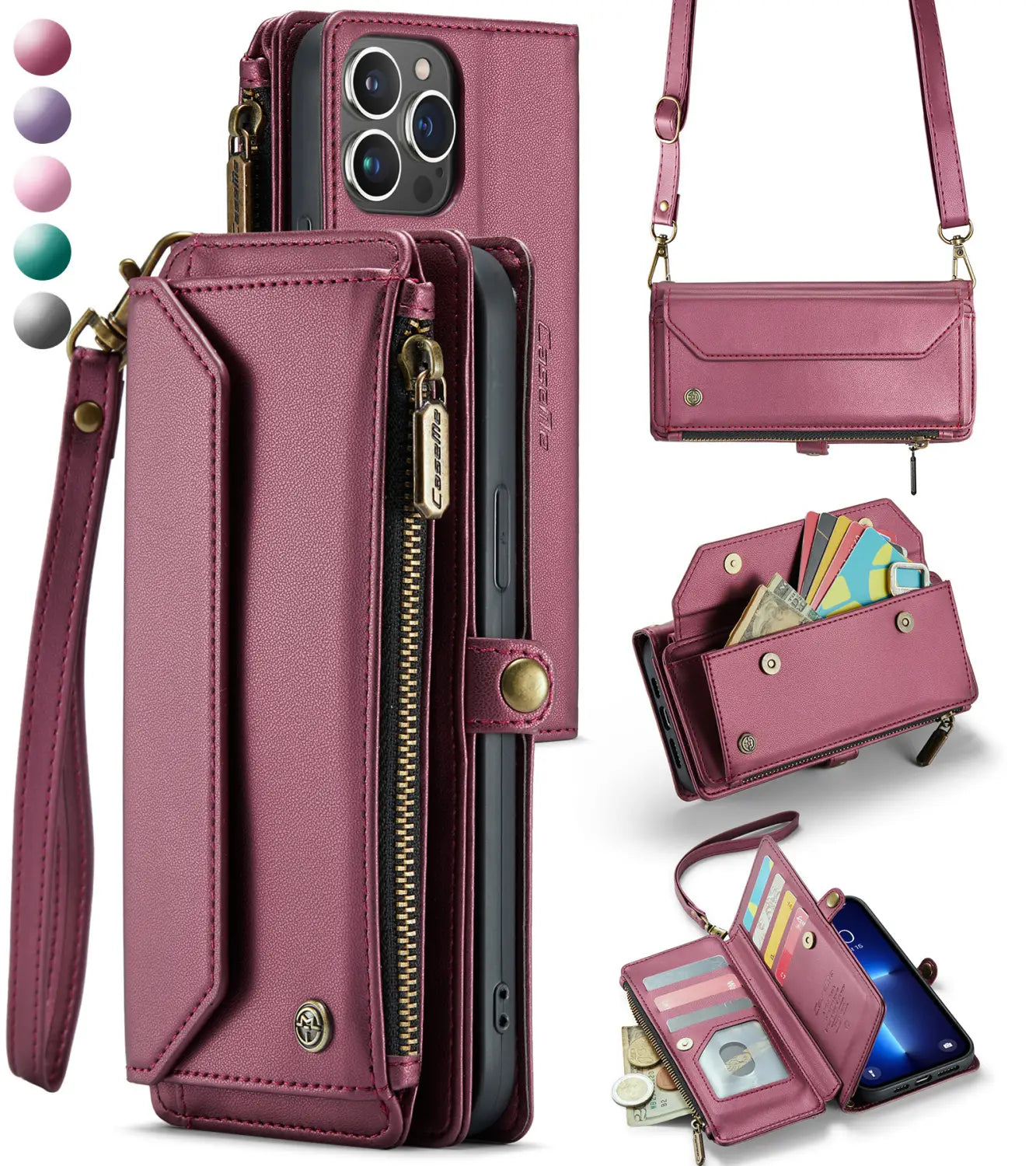 A maroon leather wallet phone case with removable wrist strap and multiple compartments featuring gold-tone zippers and hardware.
