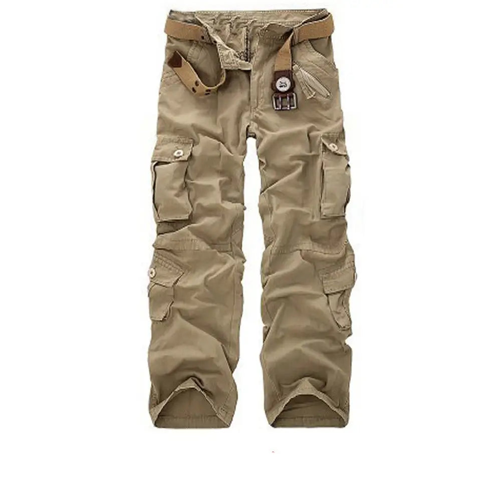 Khaki camouflage cargo trousers for men featuring multiple pockets and a brown belt in a durable material suitable for outdoor use.