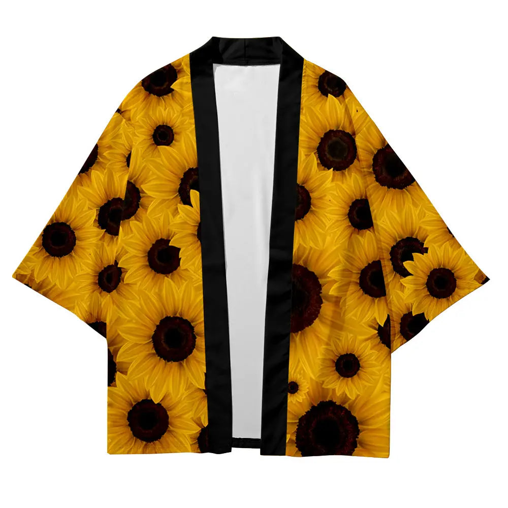 Eine kräftige gelbe Kimonojacke mit Sunflower-Muster, schwarzer Einfassung und weißem Innenfutter im Stil einer lockeren Herren-Cardigan-Jacke.