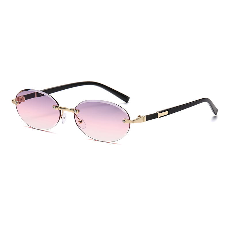 frameless oval uv400 fashion sunglasses with black and gold metal accents and gradient pink lenses.