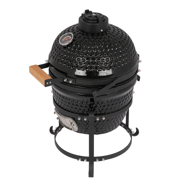Black ceramic 13 inch kamado charcoal grill with wooden handle and metal stand for outdoor cooking