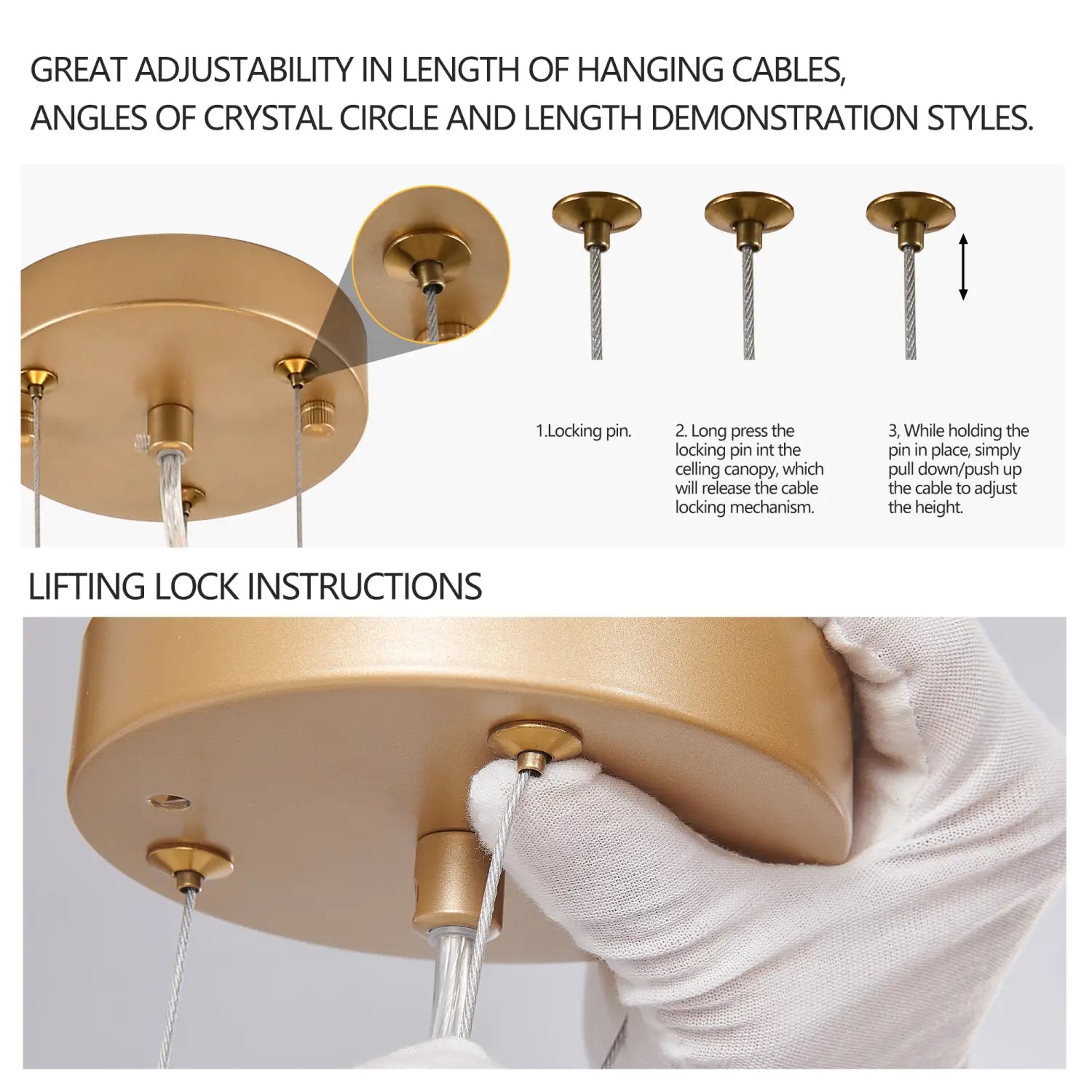 24 inch gold crystal waterfall pendant light with a gold-toned circular ceiling fixture featuring adjustable hanging cables and a locking pin mechanism.