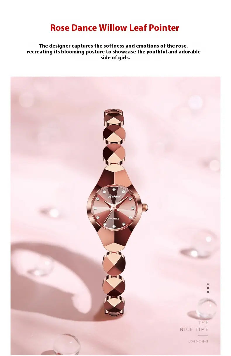 Rose gold-toned quartz watch featuring a faceted geometric bracelet and diamond-like hour markers from the Luxe Geometric Faceted Bracelet Watch with Diamond Accents collection.