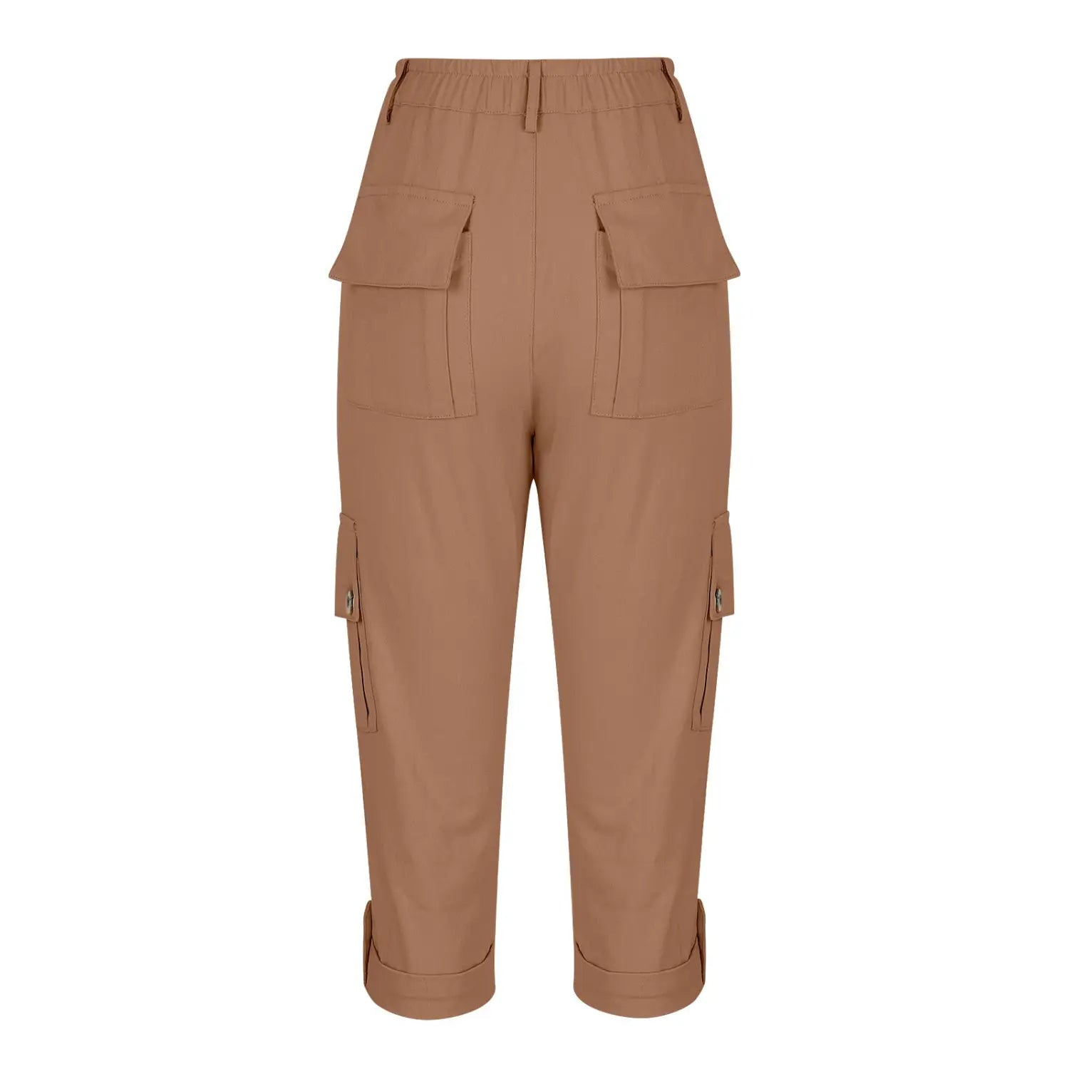 Pantalon capri cargo beige pour femmes avec taille haute, multiples poches, ourlets retroussés et un design décontracté.