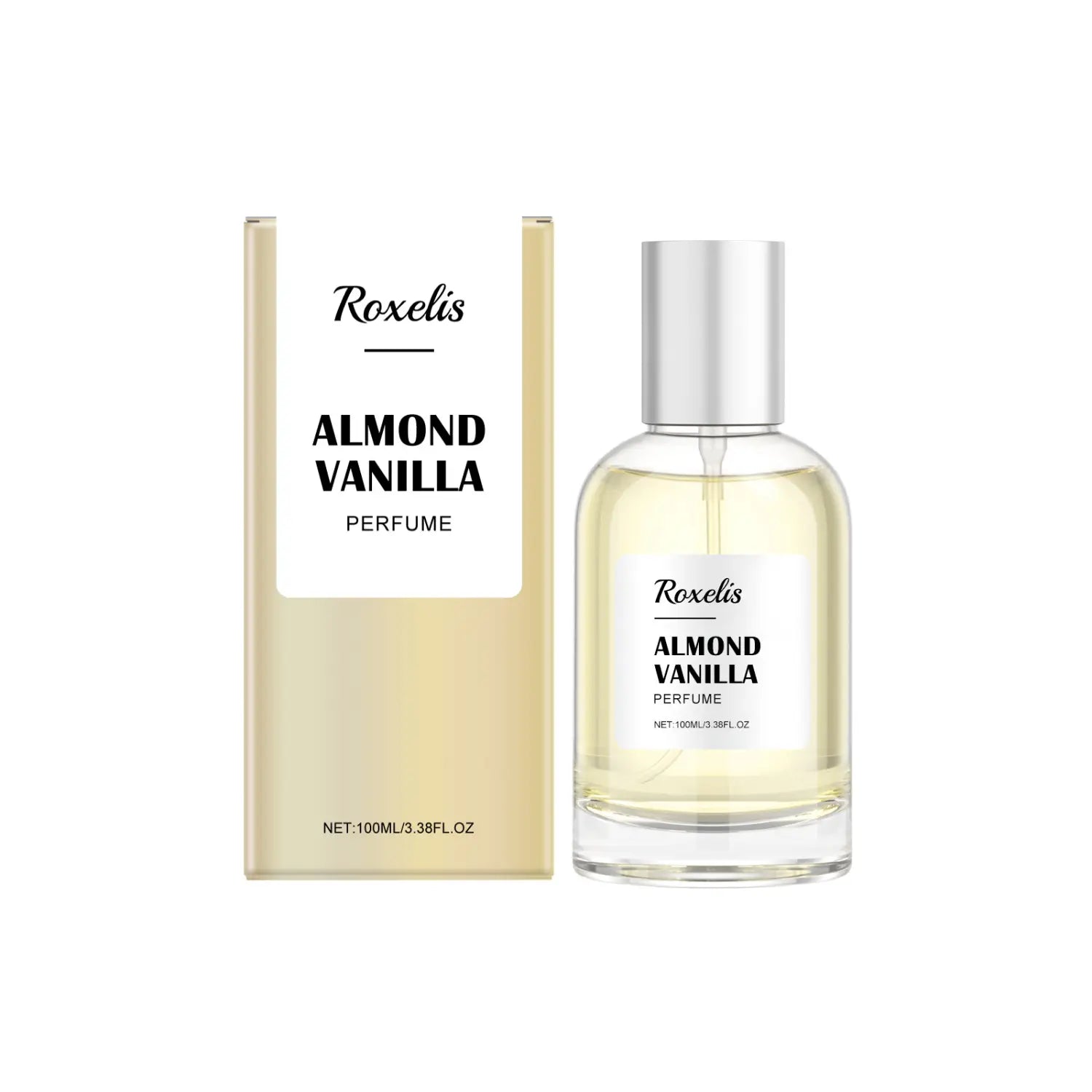Roxelis Mandel-Vanille-Duft in langanhaltender Qualität, 100 ml, in einer klaren Glasflasche mit silberfarbenem Verschlusskappe und goldtöniger Verpackung.