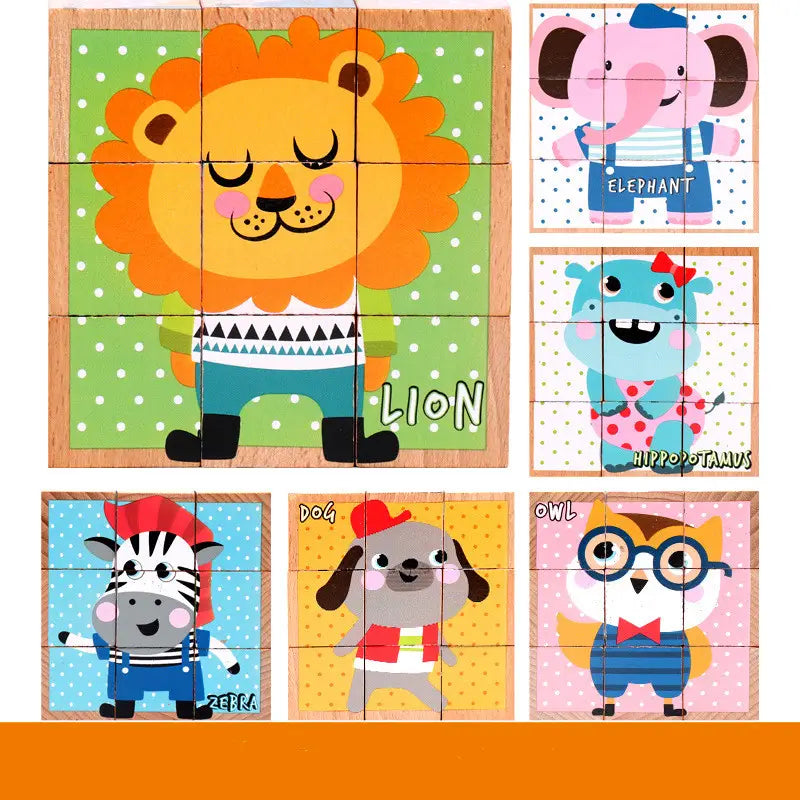 puzzle en cube en bois 6 en 1, jeu éducatif précoce, présentant un lion de dessin animé, fourrure orange, yeux fermés et joues roses, portant un pull vert par-dessus un pantalon bleu.