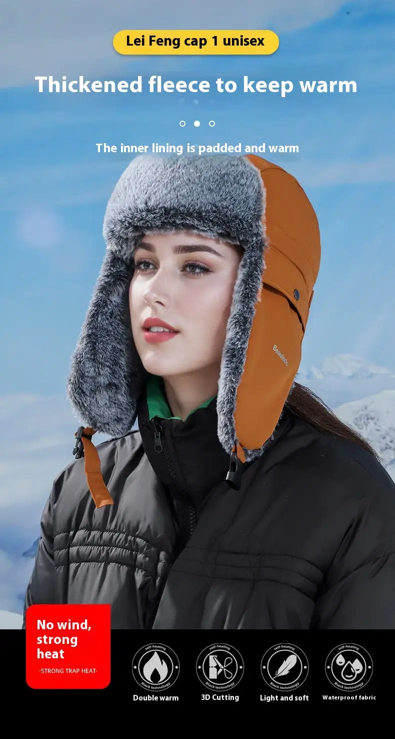 Fleece-lined winter ushanka hat in orange and gray thickened fleece with padded inner lining for warmth.
