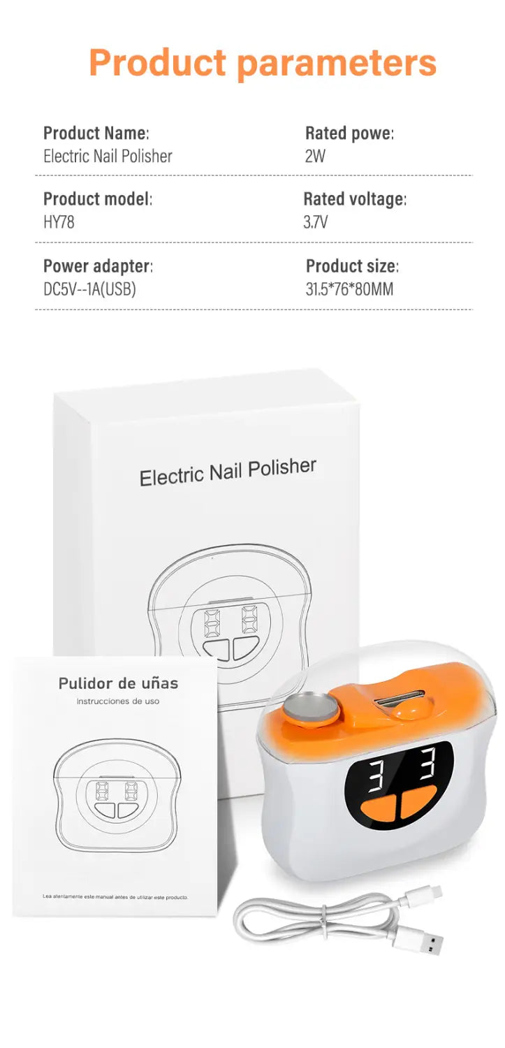 Orange and white electric nail clippers with led digital display showing 3 3 and built-in trimmer for precise nail grooming.
