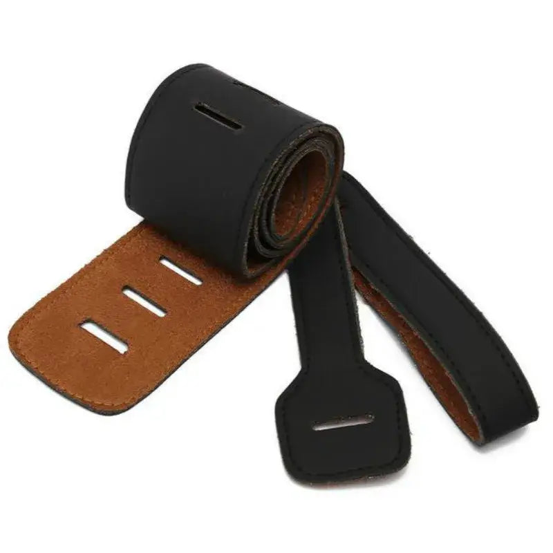 Black leather guitar strap with brown suede lined inner lining and three adjustable slots for length 110-130cm.