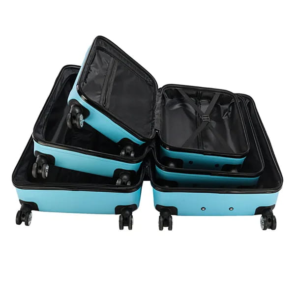 set of three light blue textured rolling hardshell suitcases with black interiors and wheels for versatile travel use