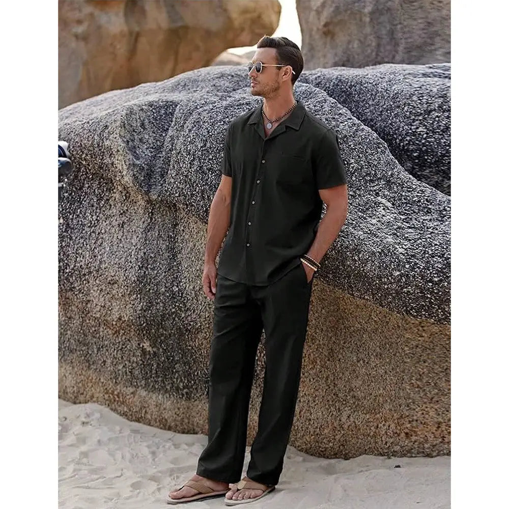 Black short-sleeved button-up shirt with collar made of lightweight fabric for men short sleeve shirt and trousers set.