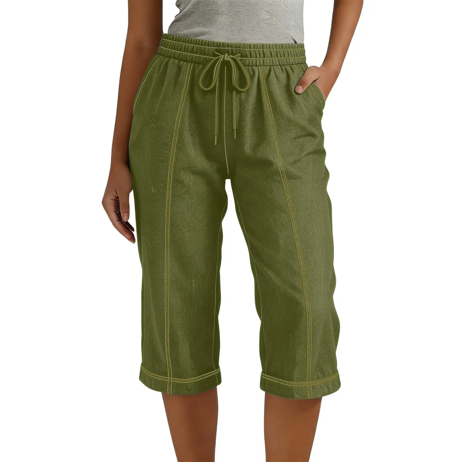 Capri-Hose aus Olivgrünem Denim mit Kordelzug für Damen, mit lockerer Passform, leichter Ziernaht und lässigem, einfarbigem Design.