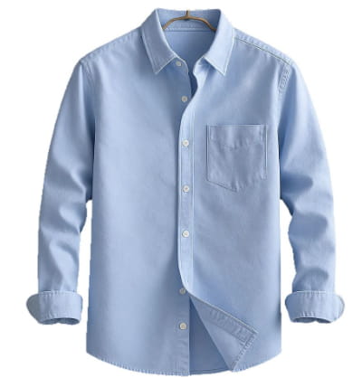 Camisa de algodón y lino de manga larga de ajuste relajado para hombre en azul claro, con bolsillo en el pecho y puños enrollados.