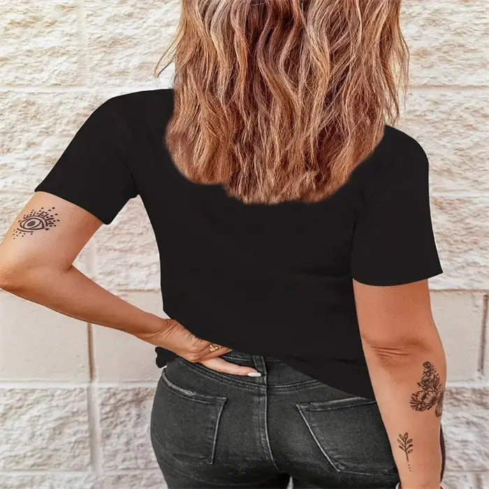 Plus size printed karma crew neck t-shirt featuring a black short-sleeved fitted silhouette with subtle side seam detail.
