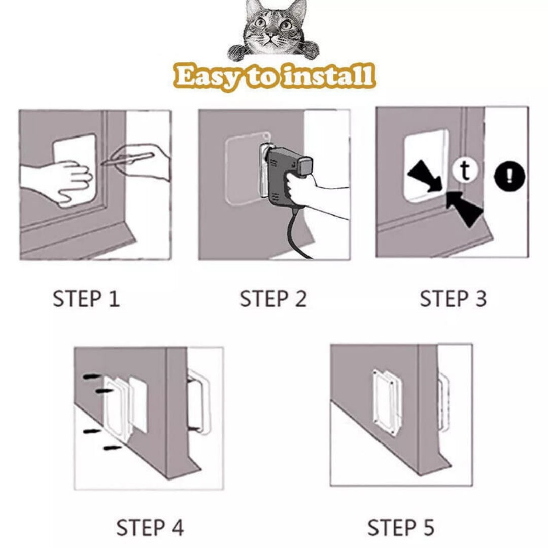 White plastic xl pet door with rectangular frame and handle designed for easy installation on doors featuring 4 way locking magnetic flap for dogs and cats.
