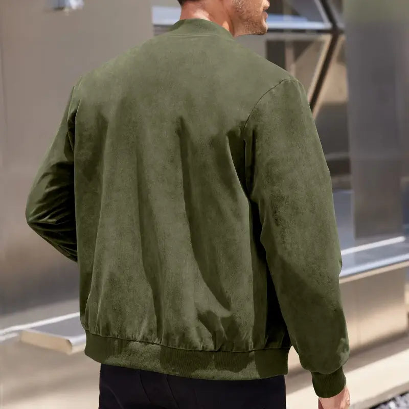 Men suede casual retro jacket in olive green suede with ribbed cuffs and hem shown from the front.