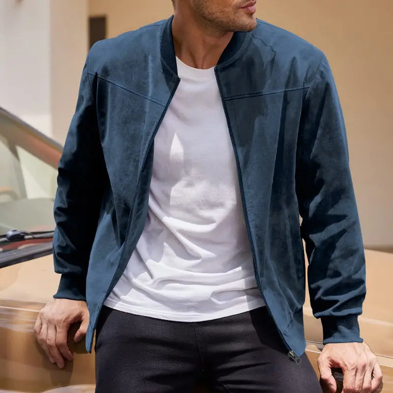 Navy blue suede bomber jacket for men featuring a casual retro design.