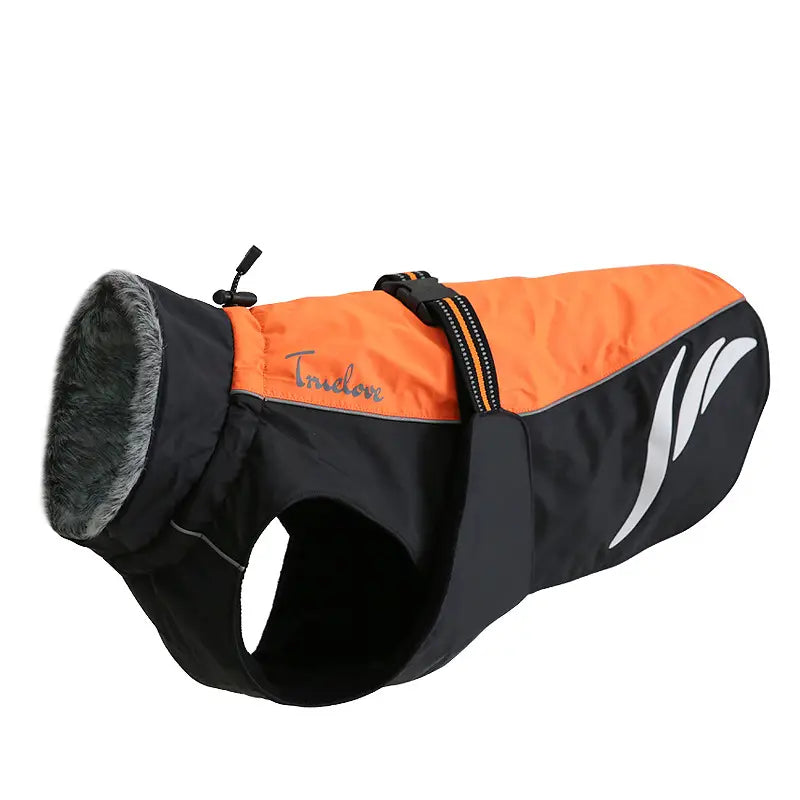 Orange and black truelove led waterproof dog down jacket winter warm with reflective silver stripes and a plush gray-lined collar shown from the back side.