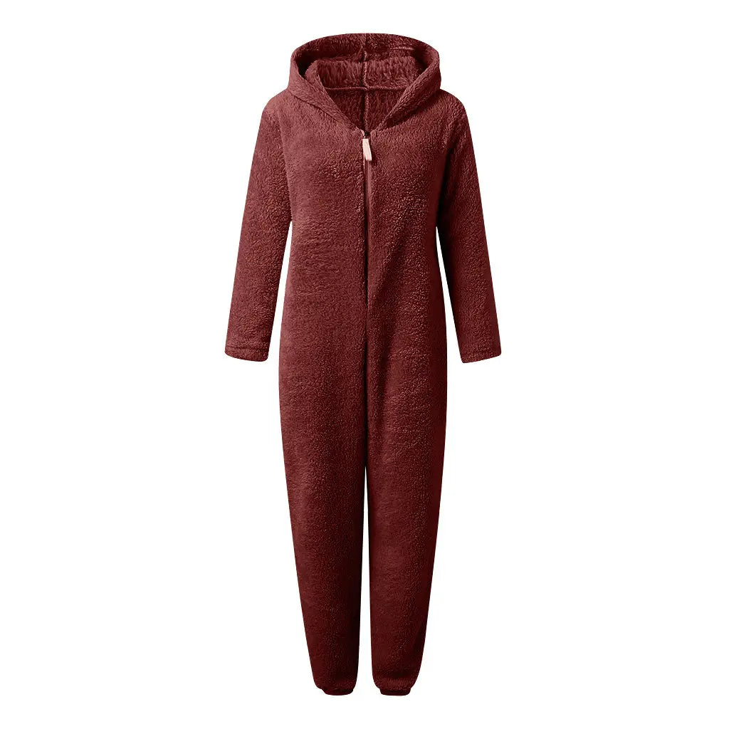 Pijama tipo mono de forro polar suave granate, acogedor, de una sola pieza, con capucha que presenta orejas de gato y cierre de longitud completa.