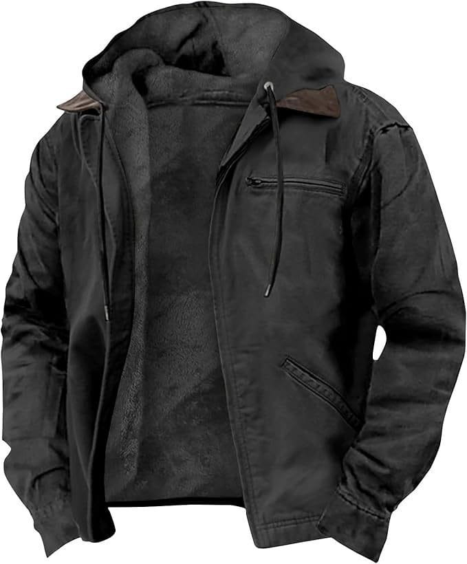 Chaqueta acolchada de algodón con capucha para hombre color negro con exterior texturizado y forro interior acolchado oscuro.