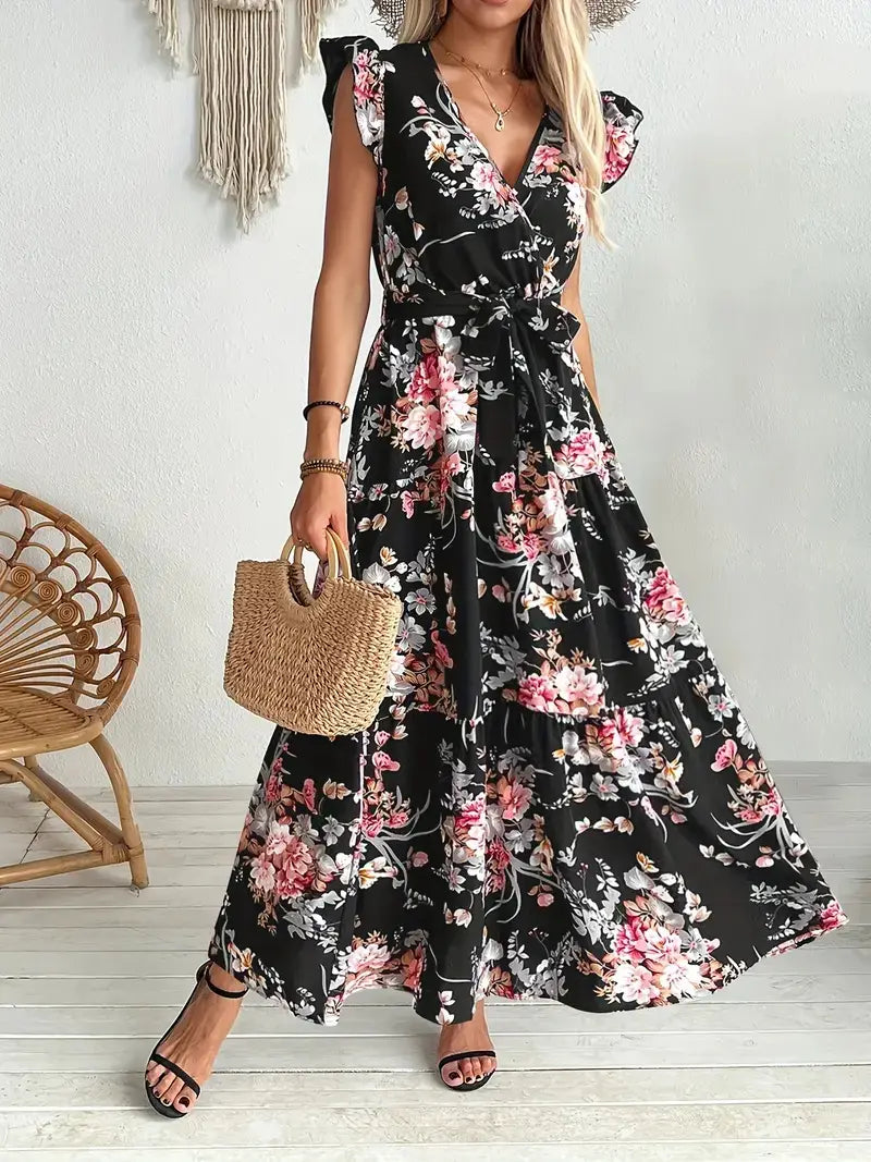 Robe longue maxi noire à encolure en V, à volants, ornée de fleurs roses et blanches, avec une ceinture à nouer assortie.