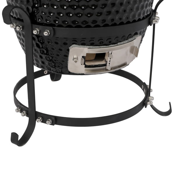 Black ceramic 13 inch kamado charcoal grill with textured honeycomb surface and stainless steel accents.