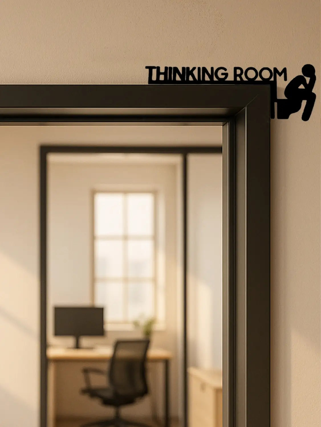 Schwarze Wandkunst aus Metall für ein Denkzimmer mit einer Silhouette einer Person, die im Nachdenken auf einer Toilette sitzt, gestaltet als moderne Toilettenschild-Wanddeko.