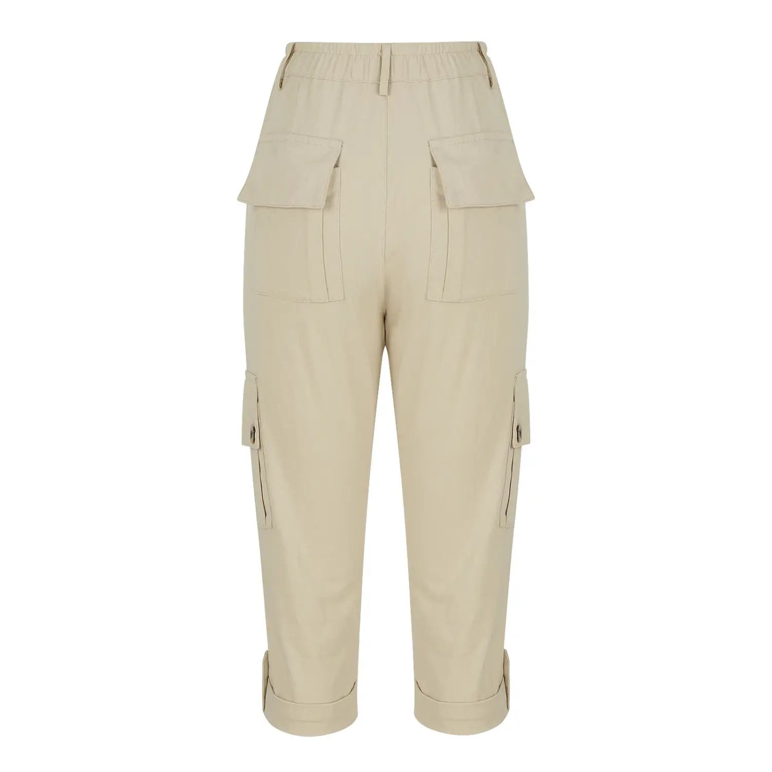 Pantalon capri cargo beige taille haute pour femmes, pantalons décontractés, avec multiples poches et ourlets retroussés.