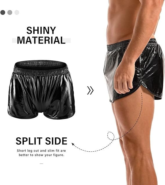 Mens shiny metallic casual shorts in black feature a split side design made from glossy material.