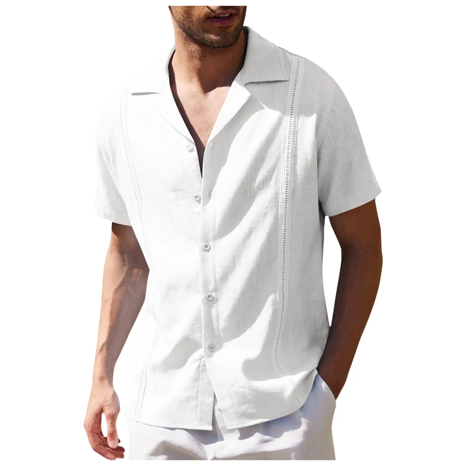 Men’s slim fit embroidered linen short sleeve shirt in white featuring button-up front and detailed embroidery along the placket and side seams.